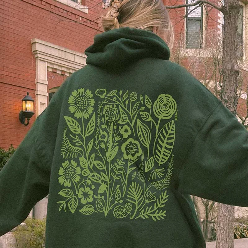 Velvet hoodie plush grey -Retro Wildflowers Hoodie Forest Green Hoodie