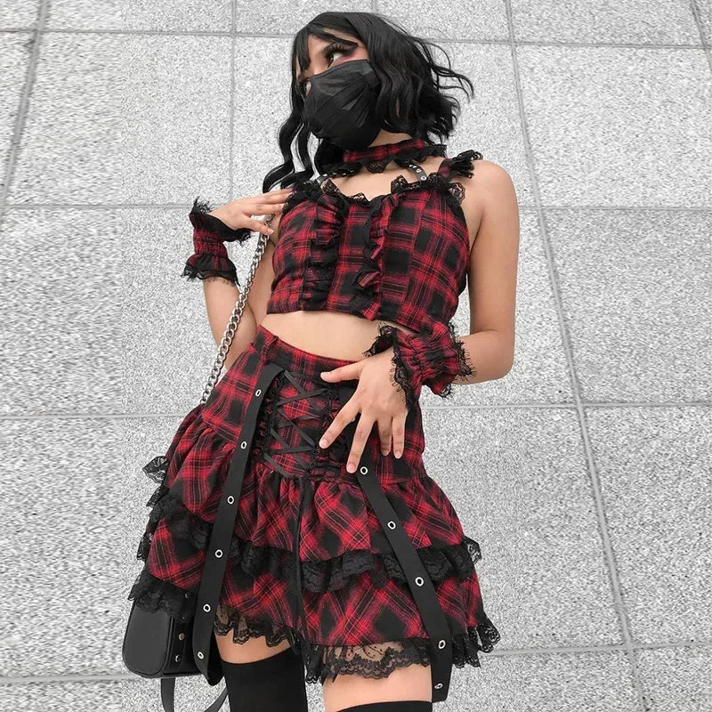 soft midi skirts -Fashion Harajuku Plaided Skirt High Sets Mini Girl Streetwear Waist Lolita Gothic Japanese Plaid