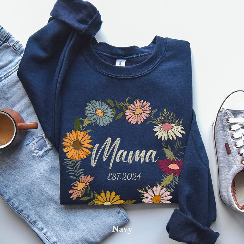 Pinstripe cotton sweatshirts navy -Personalized Flower Print Mama Sweatshirt