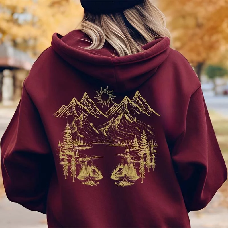 Embroidered cotton hoodie blue -Nature Mountain Hiking Forest Core Hoodie