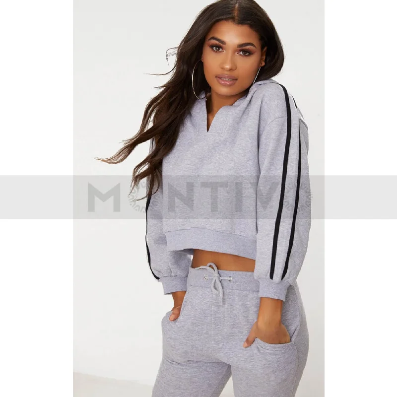 Embroidered cotton hoodie navy -Grey Marl Crop Sport Stripe Hoodie