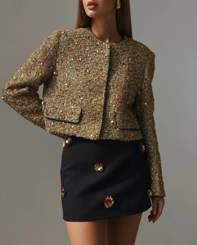 metal bold skirts -Black Floral Embellished Mini Skirt