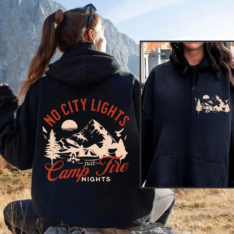 Embroidered fleece hoodie black -No City Lights Just Camp Fire Nights Hoodie