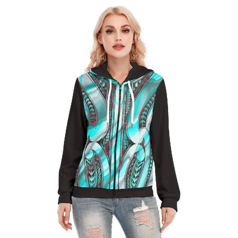 Textured cotton hoodie black -All-Over Print Women's Hoodie With Zipper