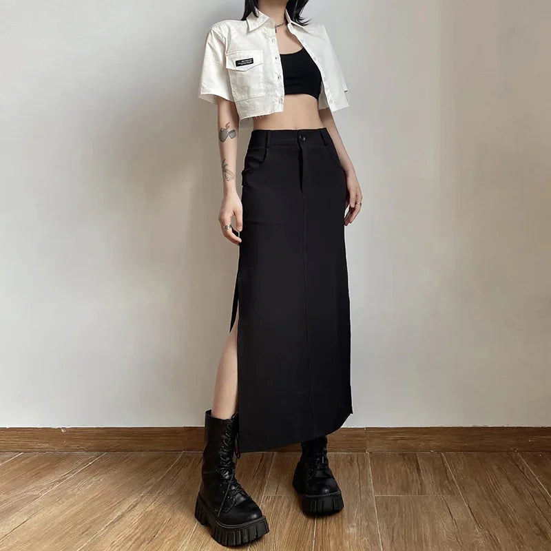 park vibe skirts -Sexy Goth Dark Waist Black Cargo Y2k Gothic High Grunge Midi Skirt Split Streetwear