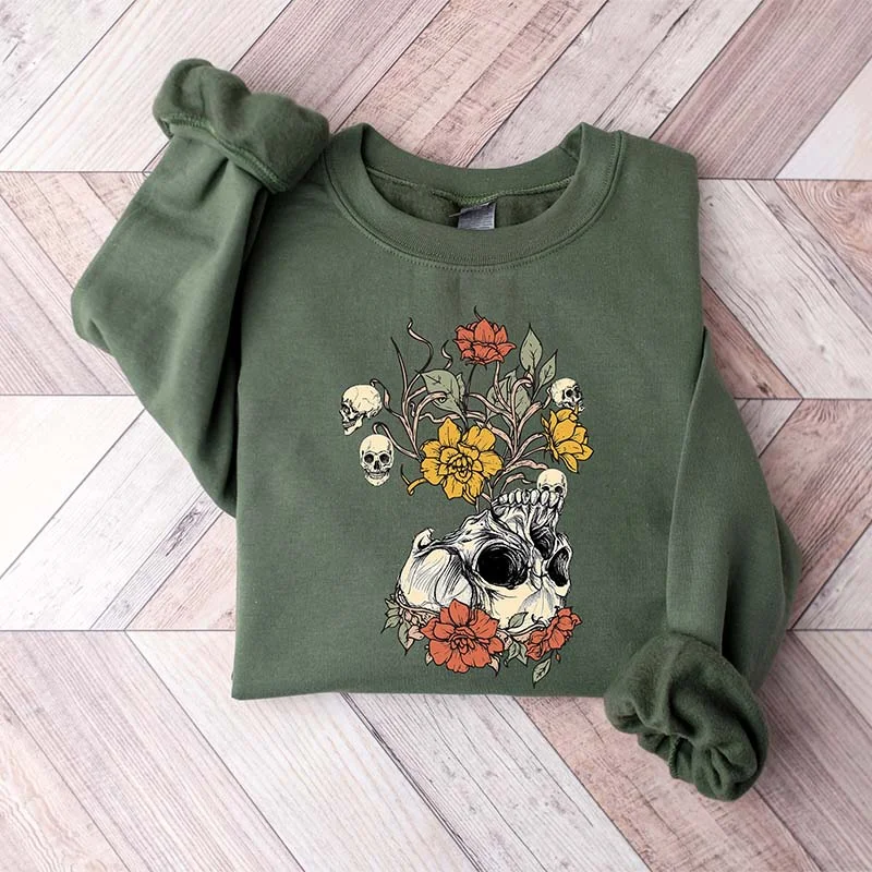 Satin fleece sweatshirts white -Floral Skeleton Plant Body Sweatshirt