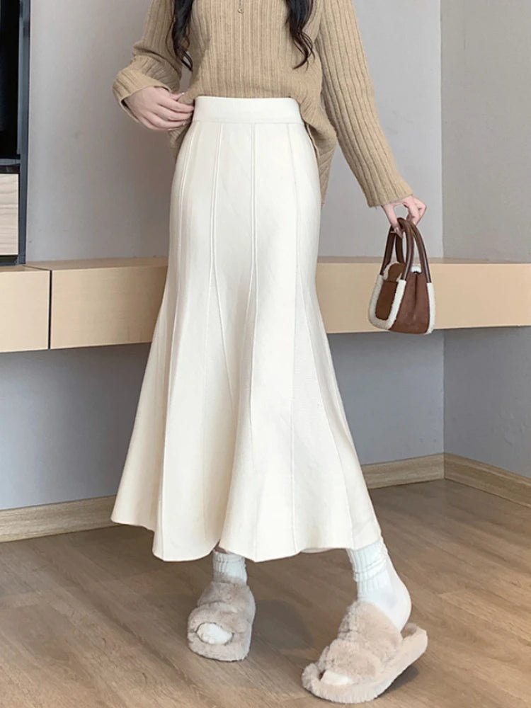 check tough skirts -Autumn Winter Knitted Long Korean Fashion Temperament Elegant High Waist Solid Slim Black Fishtail Skirt