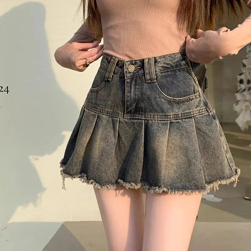 promo pop skirts -Distressed Pleated Denim Mini Skirt