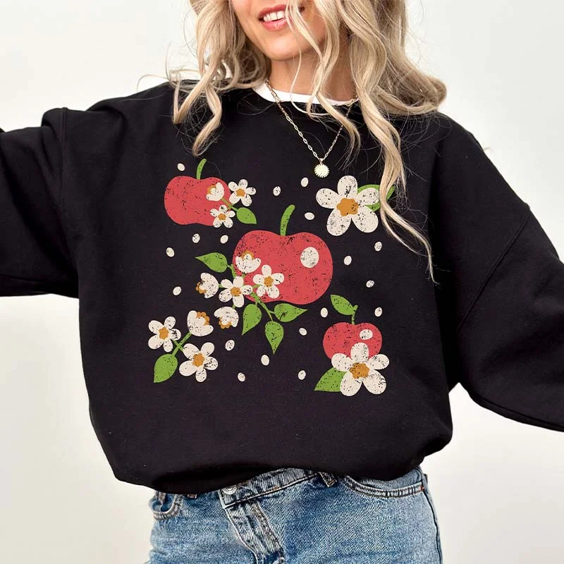 Crewneck fleece sweatshirts white -Retro Apple And Flowers Sweatshirt