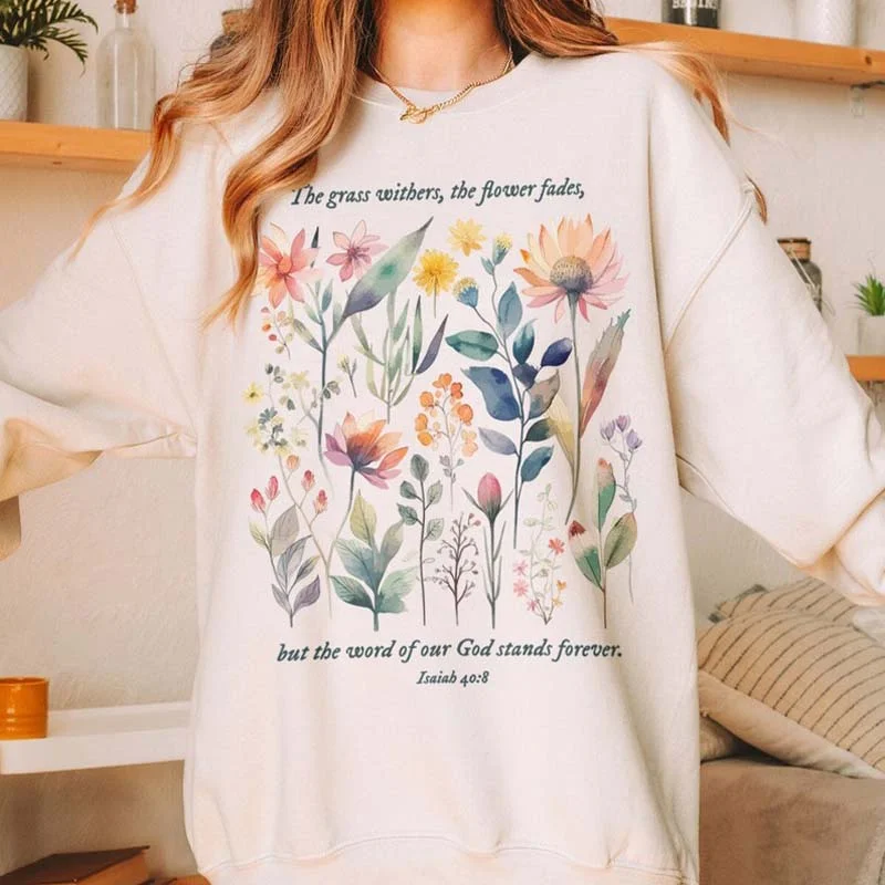 Crewneck cotton sweatshirts tan -Bible Verse Watercolor Flowers Scripture Sweatshirt