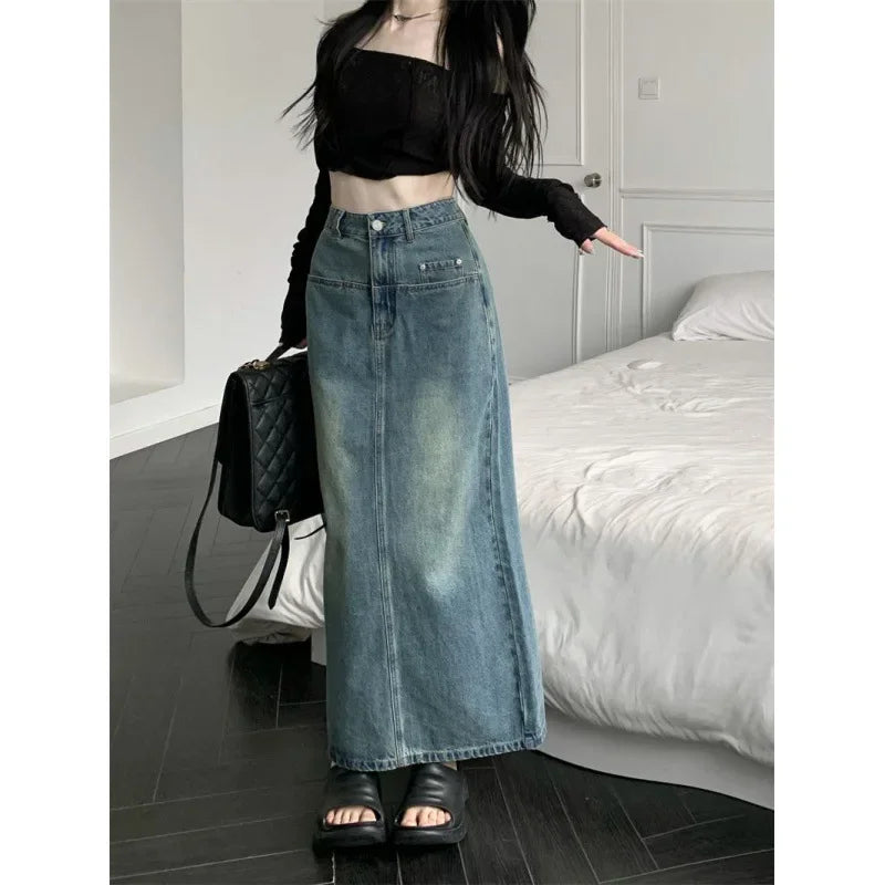 fin stitch skirts -Vintage Hong Kong Style High-Waisted A-Line Denim Slit Side Design Versatile Long Skirt