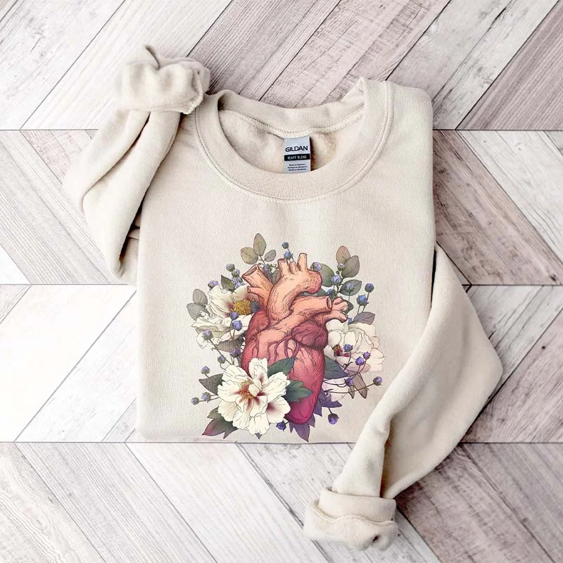 Pinstripe fleece sweatshirts grey -Floral Heart Anatomy Sweatshirt