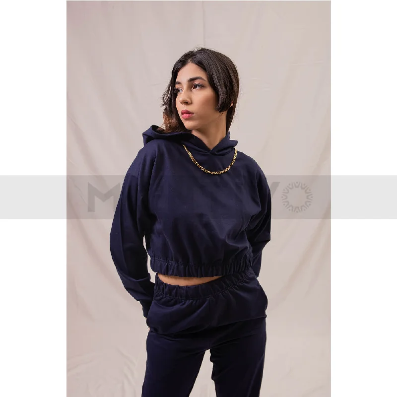 Velvet hoodie plush beige -Navy Oversized Cropped Hoodie