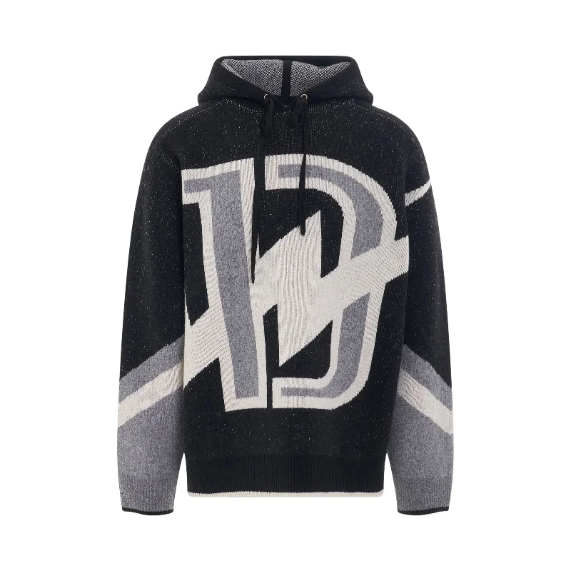 Fringe fleece hoodie blue -Thunder D Logo Graphic Knit Hoodie in Black