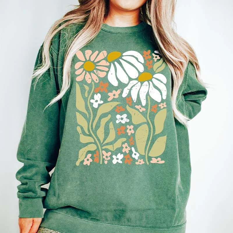 Plaid cotton sweatshirts red -Boho Wildflowers Lover Botanical Sweatshirt