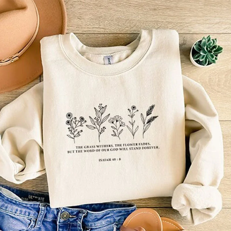 Embroidered cotton sweatshirts beige -Wild Flowers Religious Gift Sweatshirt