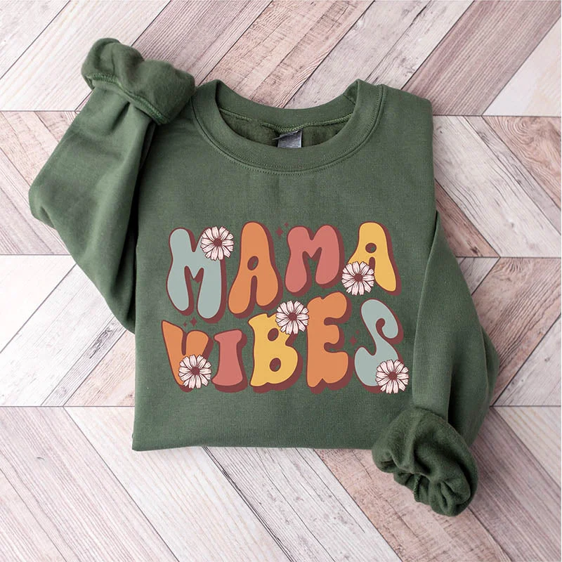 Hoodless fleece sweatshirts tan -Mama Vibes Mother's Day Sweatshirt