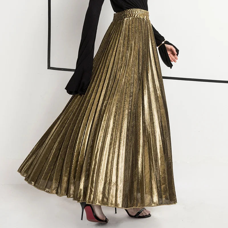 shape stitch skirts -Check Pleated Maxi High Waist Large Swing Gold Long Skirt