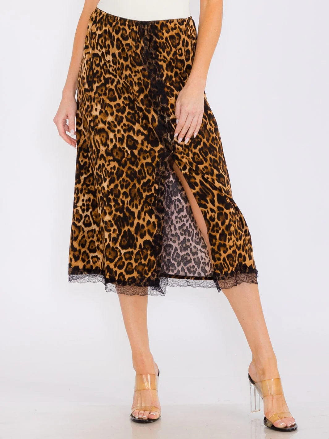 code tech skirts -Animal Print Slit Lace Midi Skirt