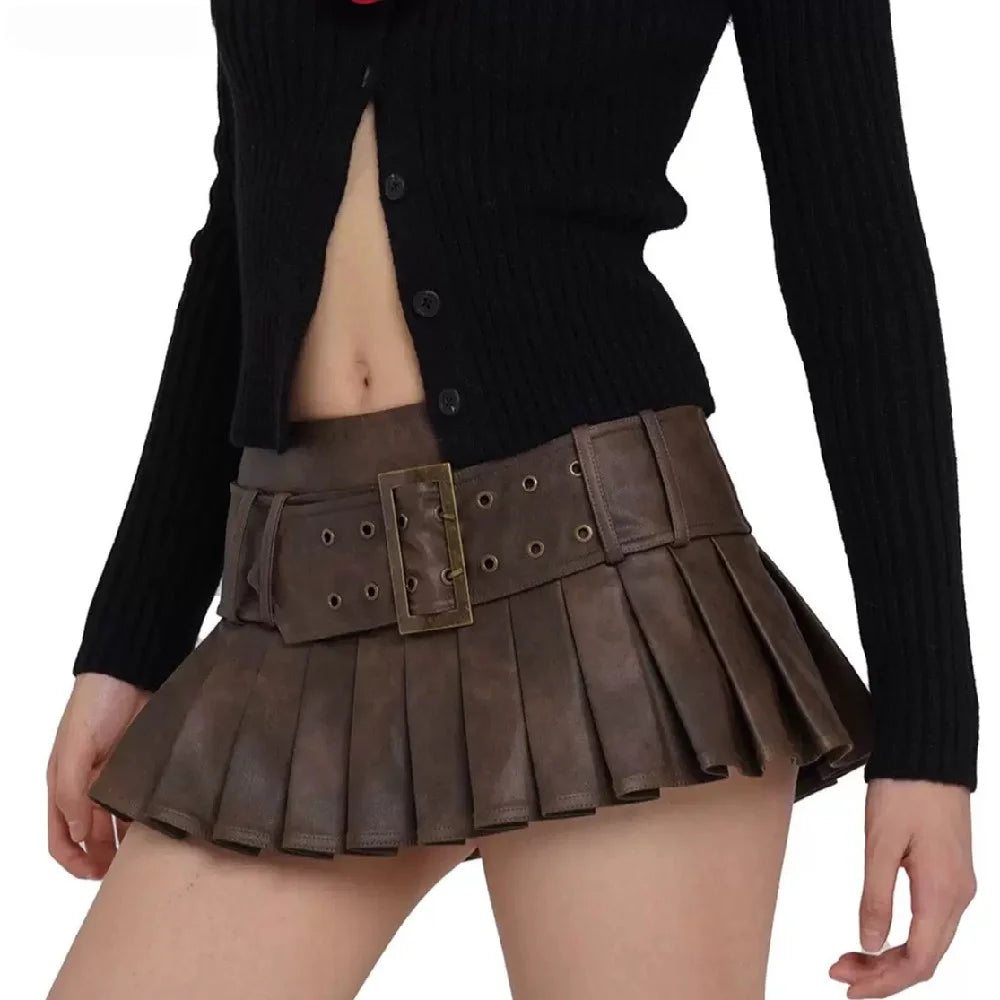 deep chiffon skirts -Retro Buckle Belt Low Waist Sexy Leather Pleated Mini Skirt