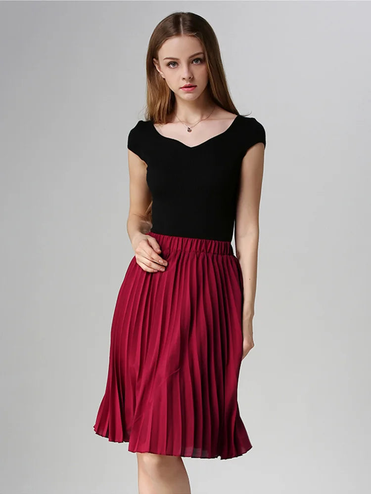 fold sleek skirts -Chiffon Pleated Vintage High Waist Tutu Midi Rokken Summer Style Skirt