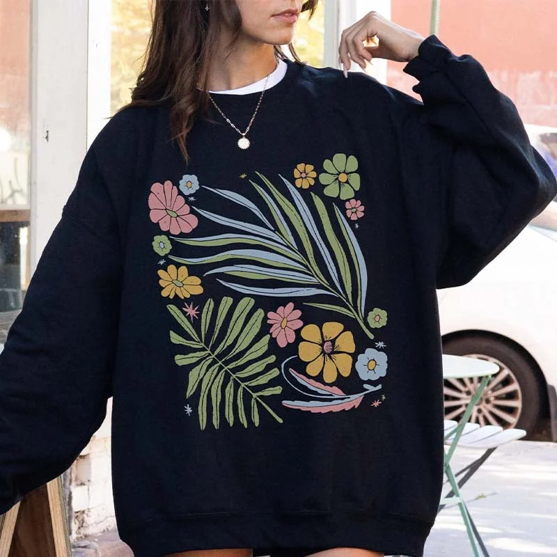 Chenille pullover sweatshirts white -Wildflower Minimalist Boho Leaves Sweatshirt