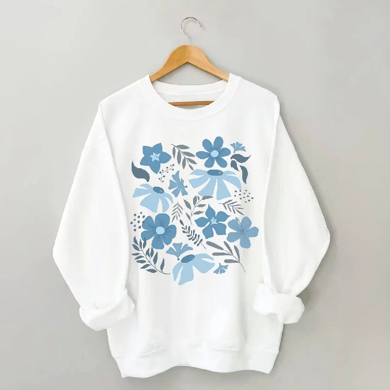 Hoodless cotton sweatshirts blue -Blue Flower Market Botanical Sweatshirt