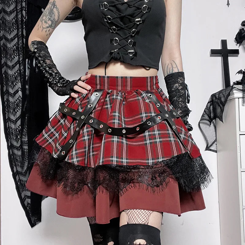 crew bold skirts -Kawaii Costume Plaid Pleated Skirt Gothic Sweet Lace Harajuku Y2k Girls