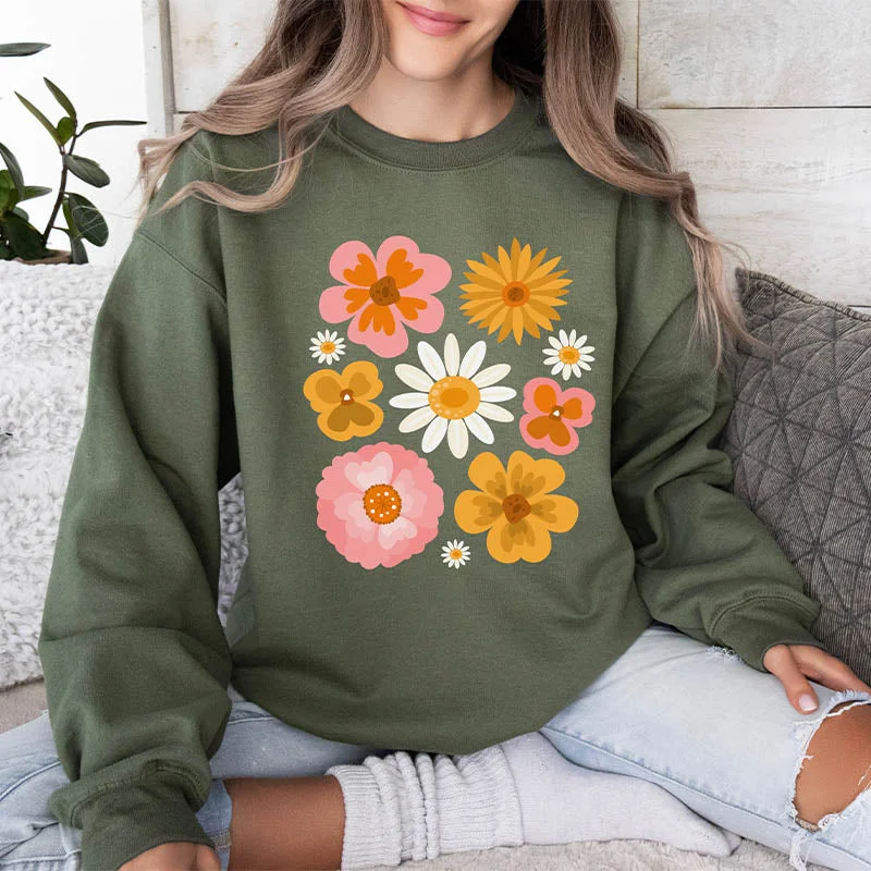 Mesh cotton sweatshirts navy -Botanical Floral Pressed Flowers Sweatshirt