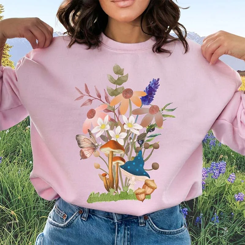 Oversized cotton sweatshirts green -Spring Mushrooms and Flowers Graphic Sweatshirt