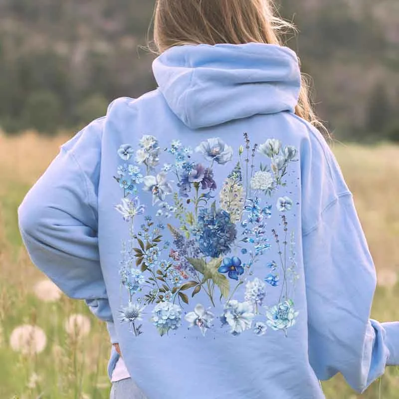 Metallic cotton hoodie gold -Blue Wildflowers Granola Girl Hoodie