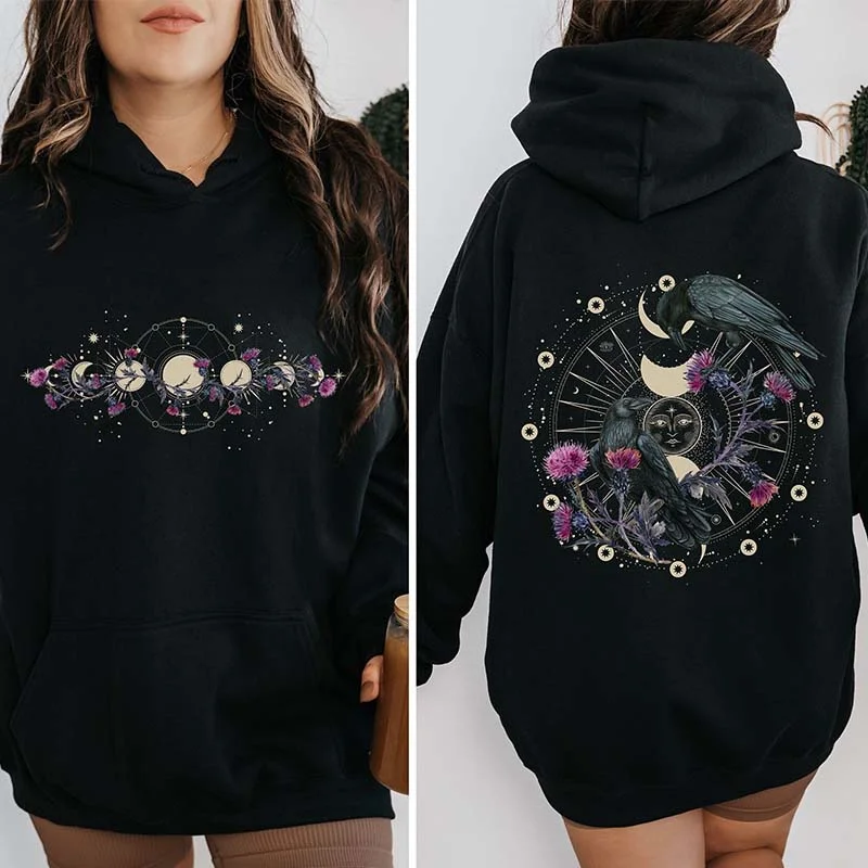 Embroidered fleece hoodie red -Celestial Ravens and Thistles Spiritual Bird Hoodie