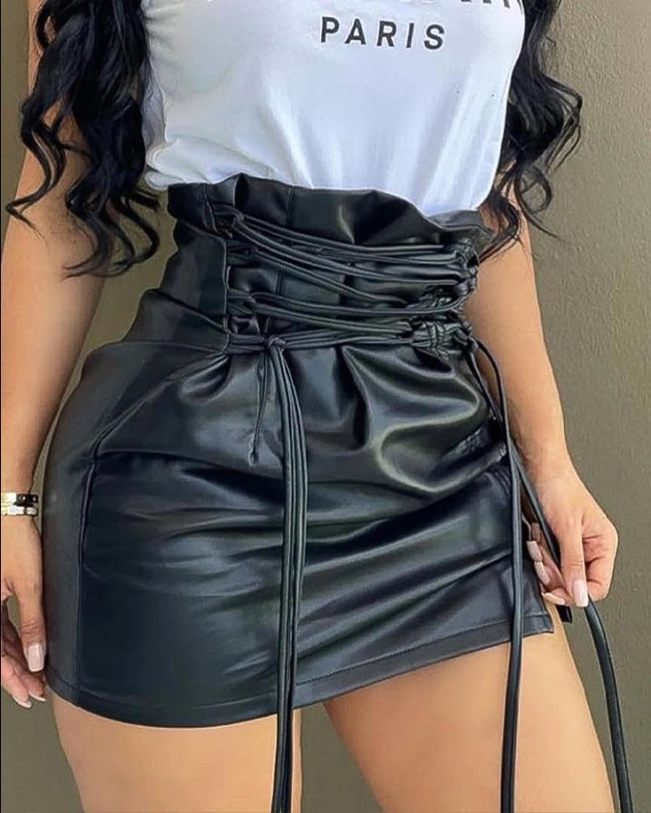 rare art skirts -Motorcycle Latest Fashion Urban Style Lace Up High Waist PU Leather Mini Skirt