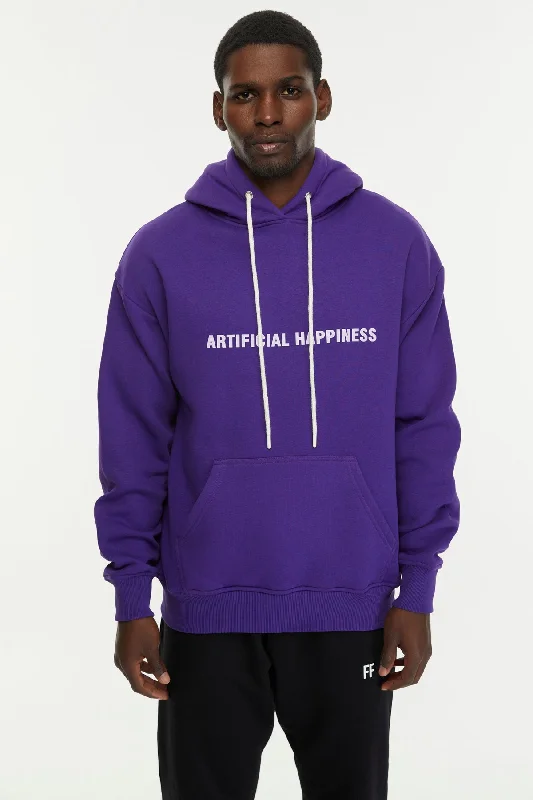 Plaid fleece hoodie purple -Artificial Happiness / Oversized Pullover Hoodie