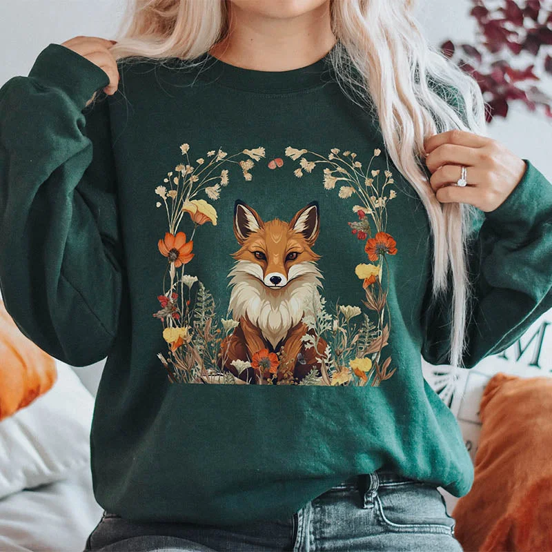 Crewneck fleece sweatshirts tan -Fox Witchy Floral Woodland Animal Sweatshirt