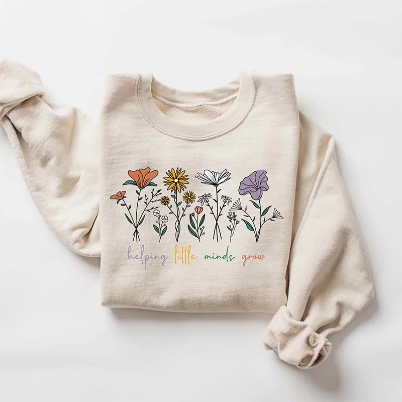 Textured cotton sweatshirts blue -Helping Little Minds Grow Flower Sweatshirt