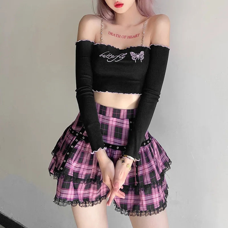 cuz chill skirts -Plaid Skirt Pleated Japanese Cake Lolita Purple Pink Gothic Harajuku