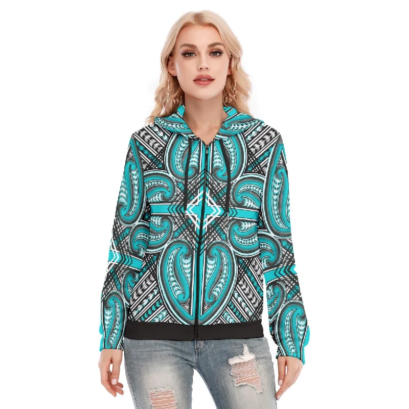 Embroidered fleece hoodie blue -All-Over Print Women's Hoodie With Zipper