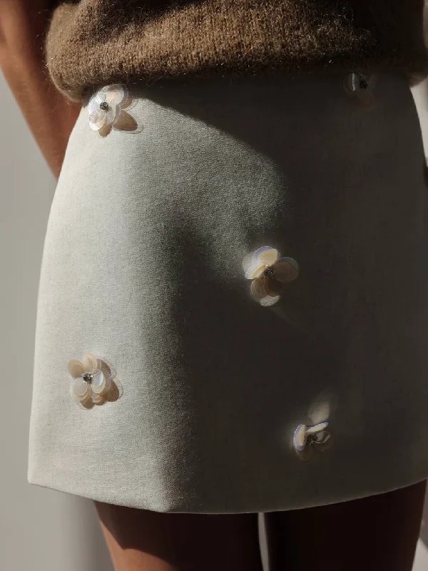 kin tie skirts -Cream Mini Skirt with Mother-of-Pearl Flower Details