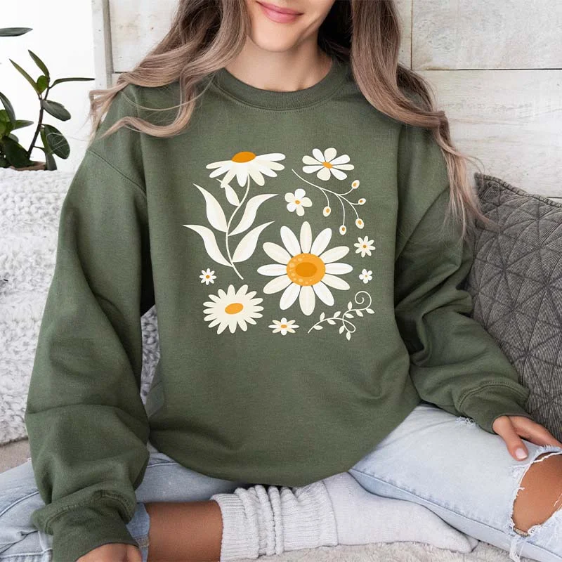 Crewneck fleece sweatshirts navy -Boho Daisy Floral Sweatshirt