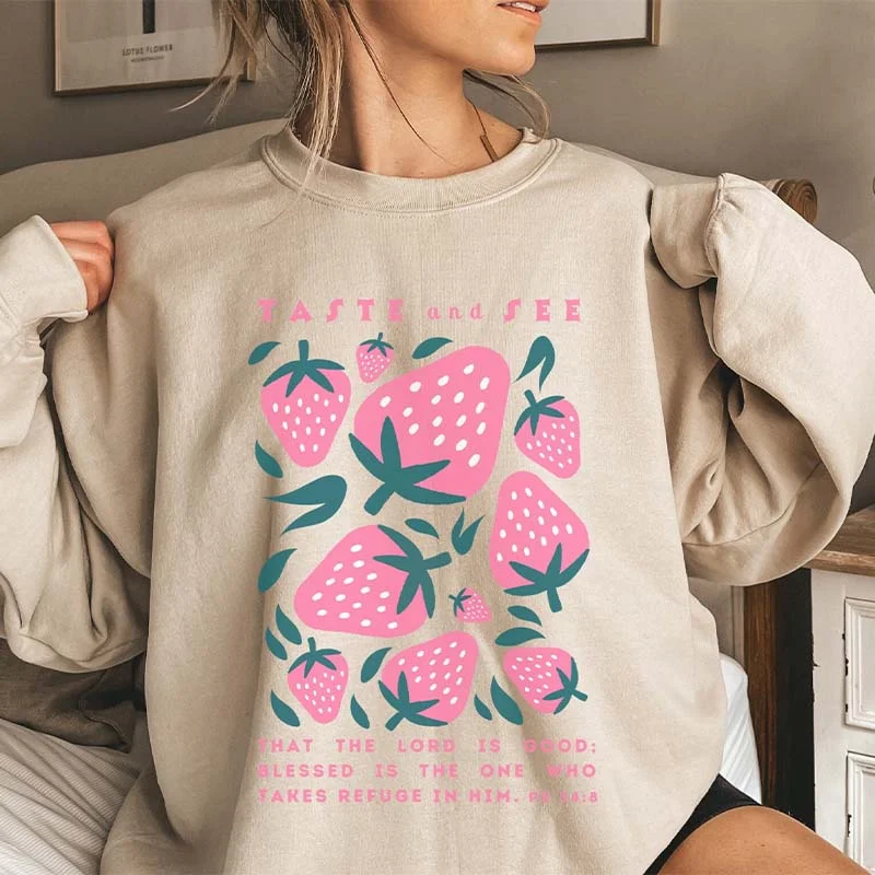 Chenille pullover sweatshirts white -Faith Based Bible Verse Strawberry Sweatshirt