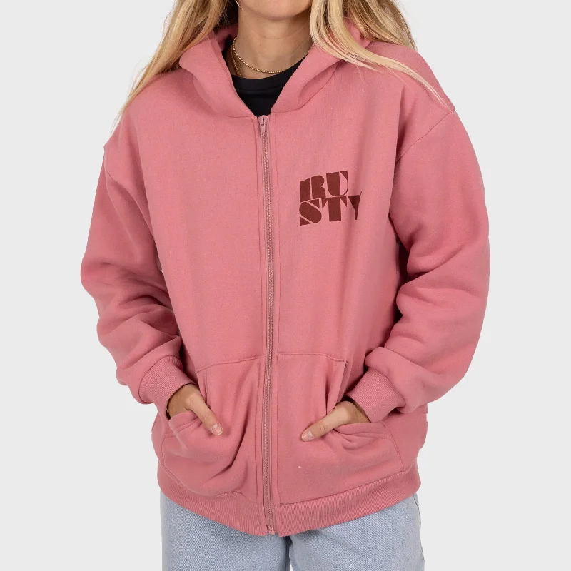 Neon cyan hoodie bold -Rusty Womens Alana Oversized Zip Hooded Fleece - Mauve