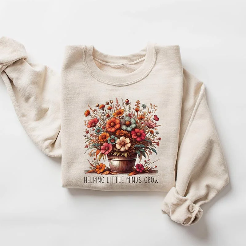 Striped cotton sweatshirts beige -Teacher Flowers Helping Little Minds Grow Sweatshirt