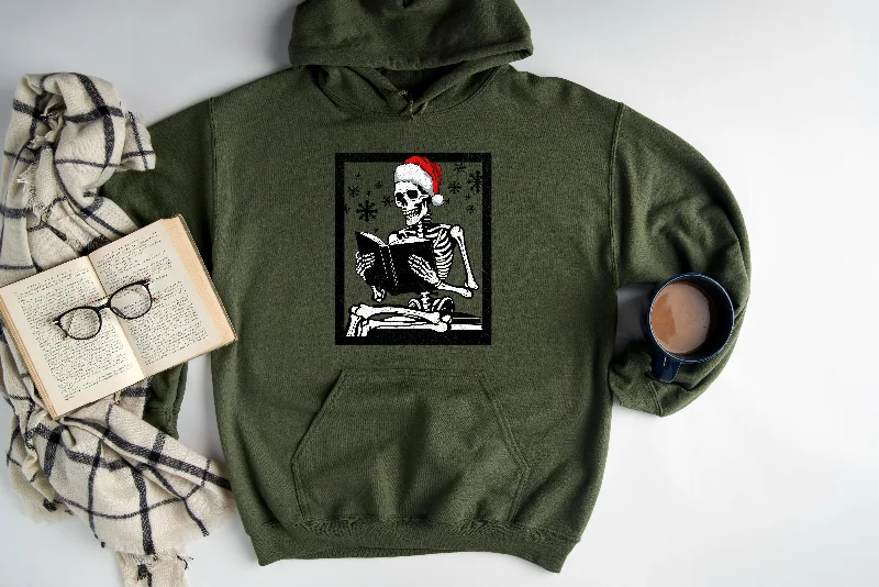 Zip-up cotton hoodie red -holiday reading skeleton hoodie