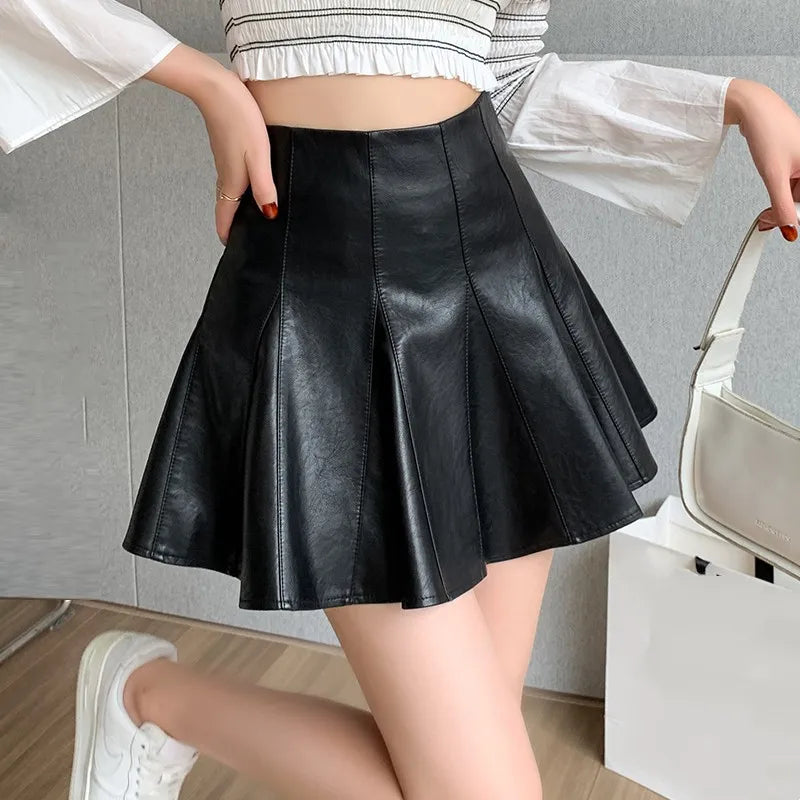 far bold skirts -Autumn Winter Leather Pleated High Waist Sexy Black Club Wear Skirt