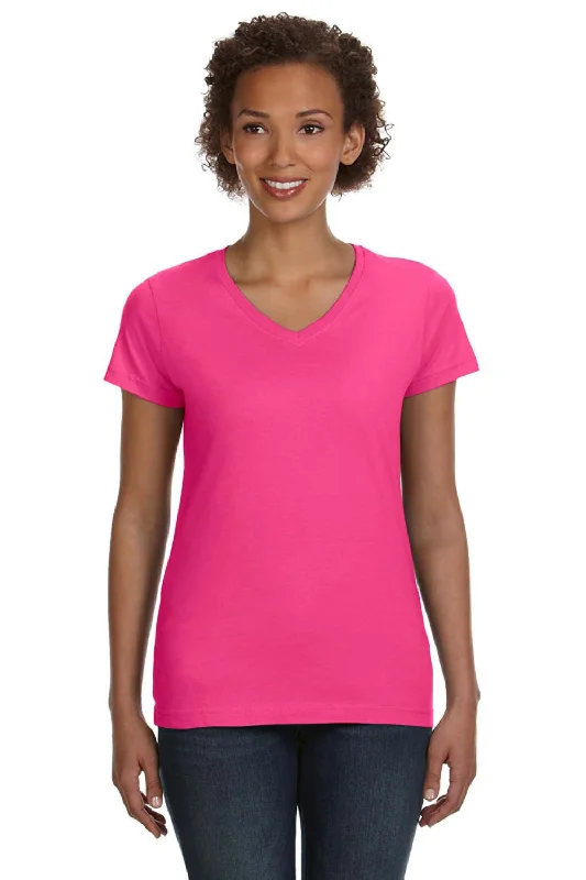 chest pocket t-shirts -LAT Womens Fine Jersey Short Sleeve V-Neck T-Shirt - Hot Pink