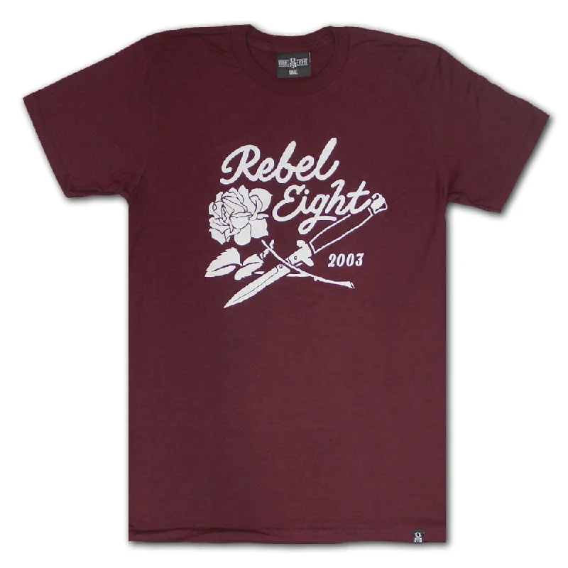 casual Henley t-shirts -Rebel8 Rose And Daggers T-shirt Burgundy