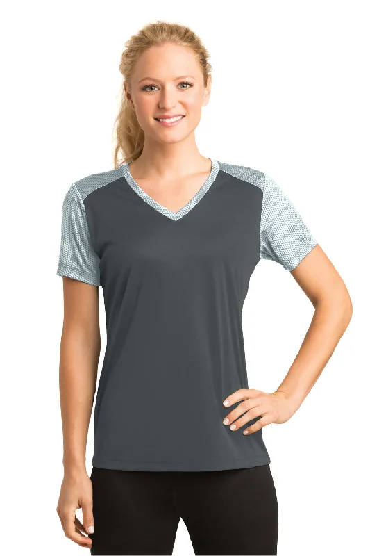 chest pocket t-shirts -Sport-Tek Womens CamoHex Moisture Wicking Short Sleeve V-Neck T-Shirt - Iron Grey/White - Closeout