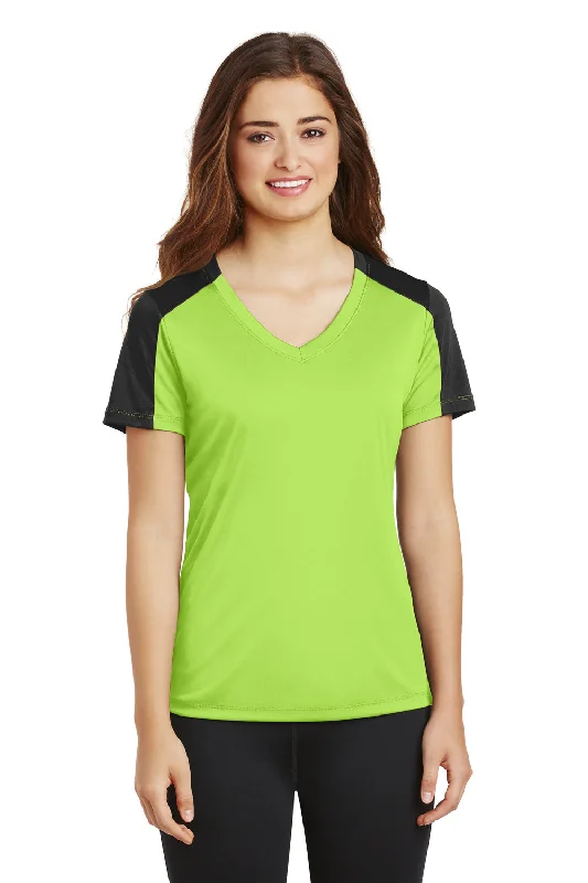 groom side t-shirts -Sport-Tek Womens Competitor Moisture Wicking Short Sleeve V-Neck T-Shirt - Lime Shock Green/Black - Closeout