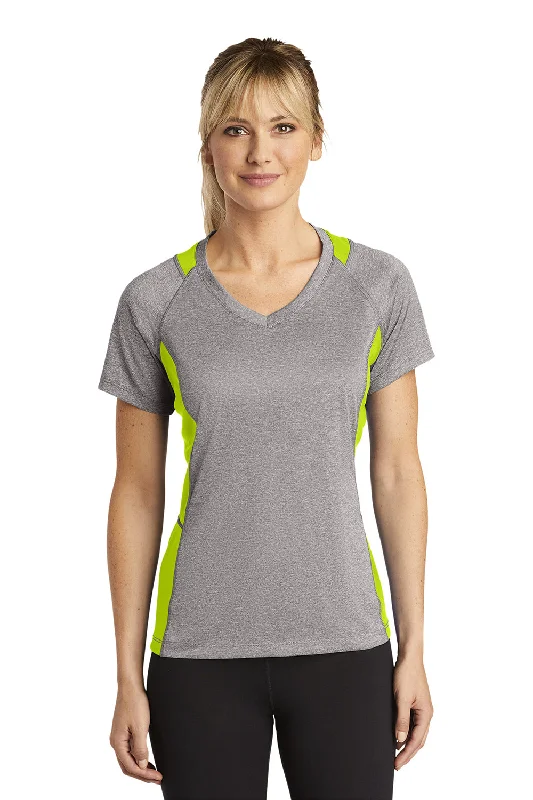 bold metallic t-shirts -Sport-Tek Womens Contender Heather Moisture Wicking Short Sleeve V-Neck T-Shirt - Heather Vintage Grey/Lime Shock Green